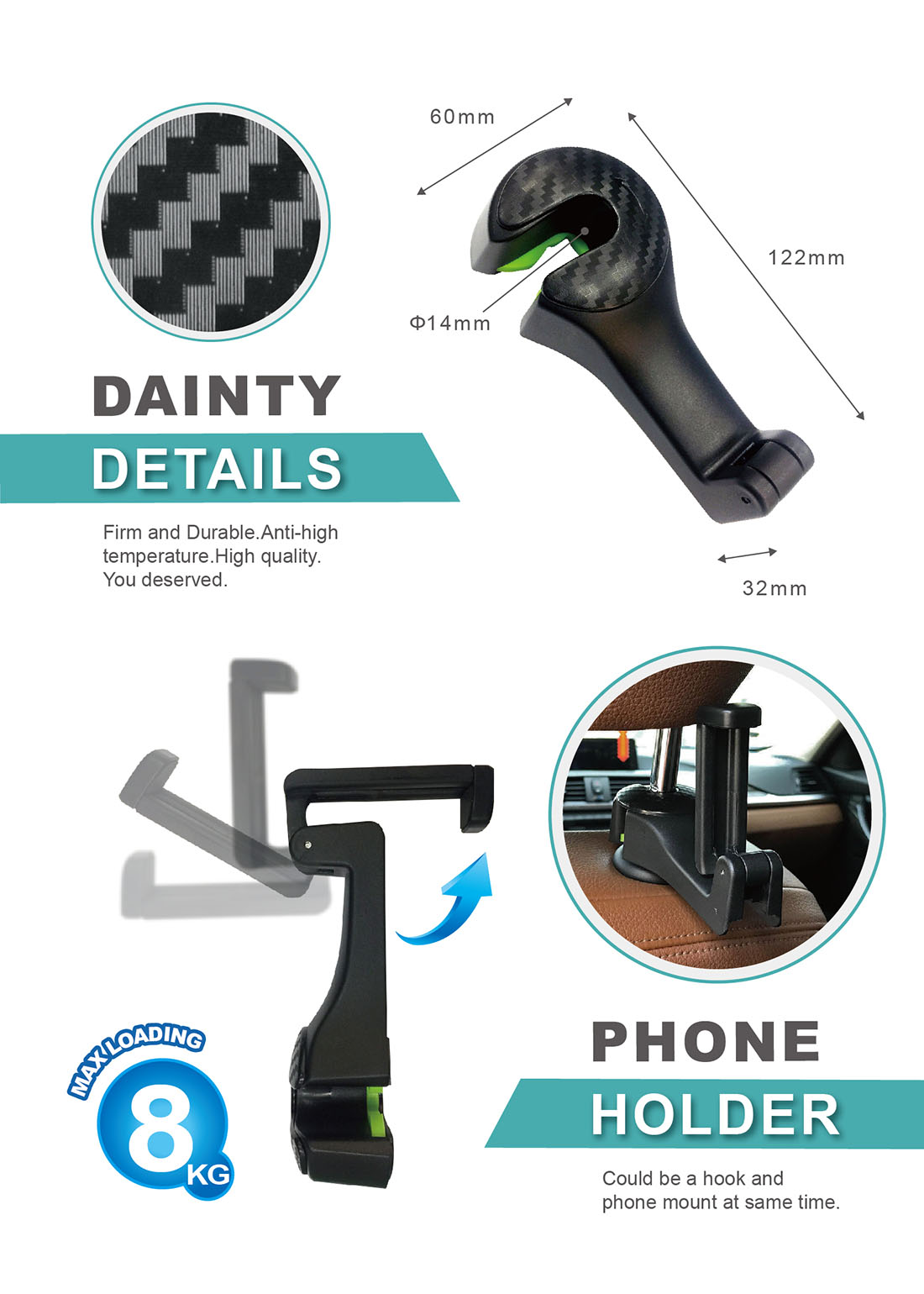 CAR HEADEREST HOOK WITH PHONE MOUNT HPA526