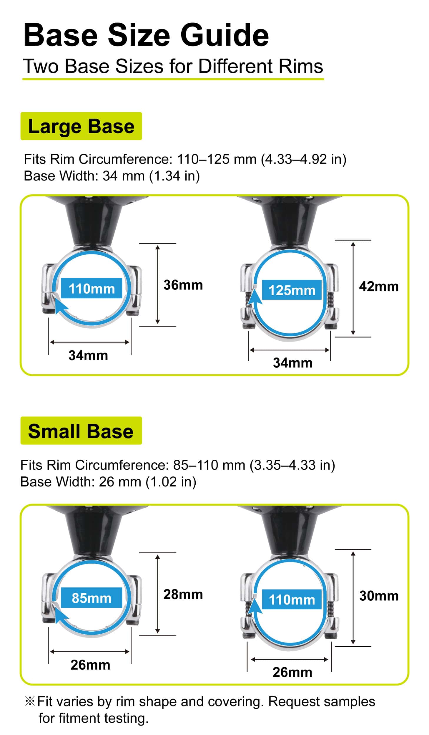 Small and large steering knob base size comparison for different steering wheel rim sizes